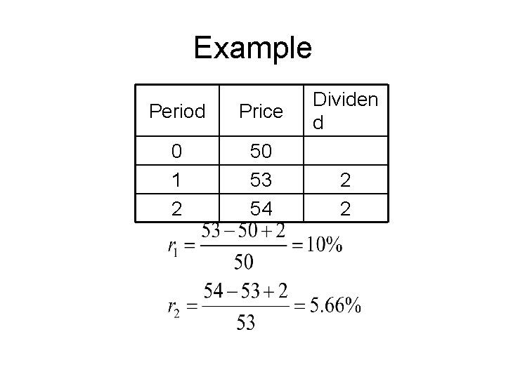 Example Period Price 0 1 2 50 53 54 Dividen d 2 2 Example Period Price 0 1 2 50 53 54 Dividen d 2 2