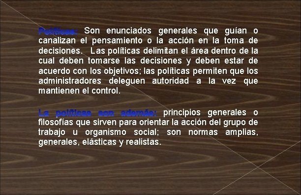 Son enunciados generales que guían o canalizan el pensamiento o la acción en la