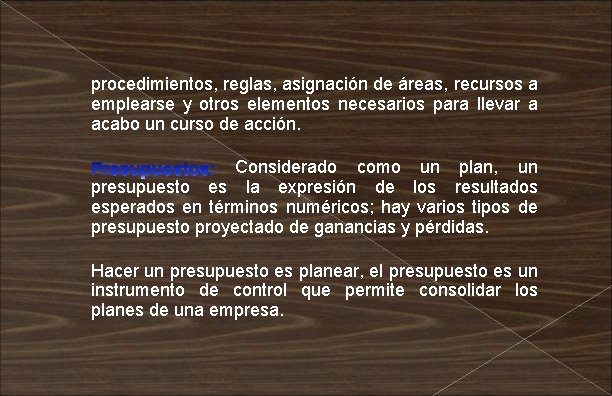 procedimientos, reglas, asignación de áreas, recursos a emplearse y otros elementos necesarios para llevar