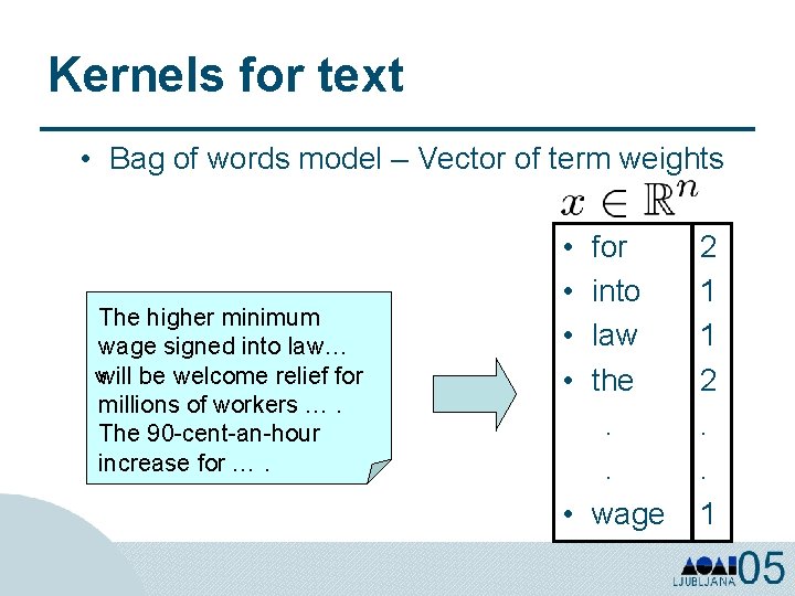 Kernels for text • Bag of words model – Vector of term weights The