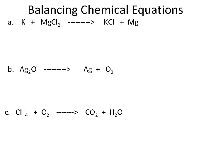 Balancing Chemical Equations a. K + Mg. Cl 2 -----> b. Ag 2 O