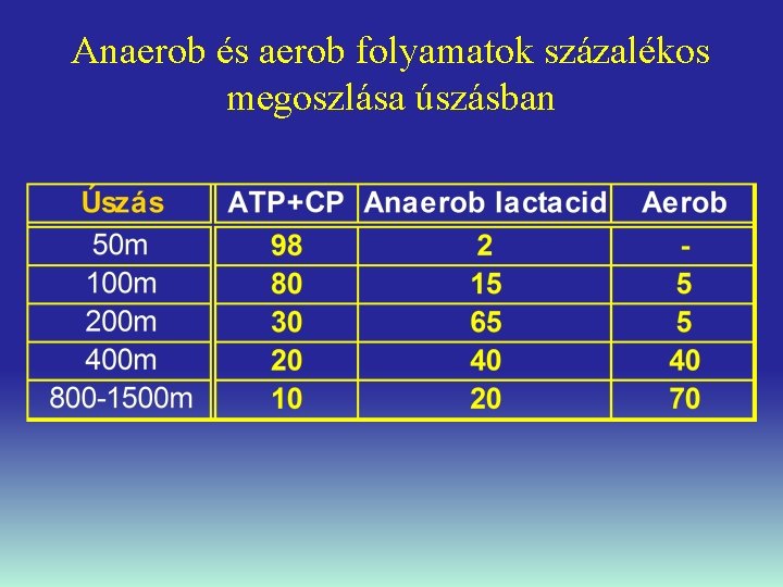 Anaerob és aerob folyamatok százalékos megoszlása úszásban 