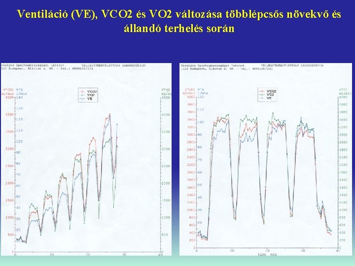 Ventiláció (VE), VCO 2 és VO 2 változása többlépcsős növekvő és állandó terhelés során