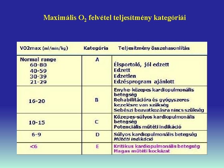 Maximális O 2 felvétel teljesítmény kategóriái 