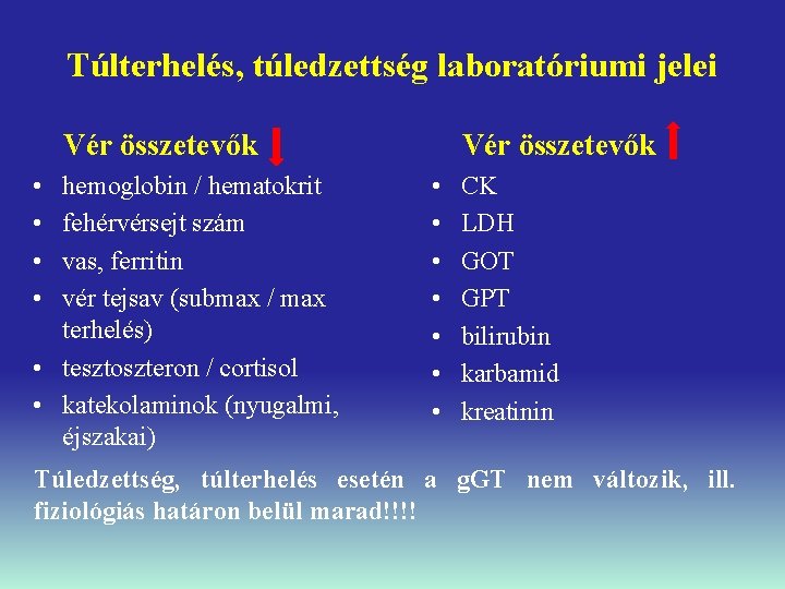 Túlterhelés, túledzettség laboratóriumi jelei Vér összetevők • • • hemoglobin / hematokrit fehérvérsejt szám