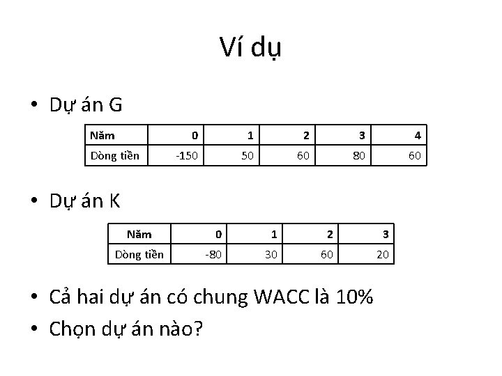 Ví dụ • Dự án G Năm Dòng tiền 0 1 2 3 4