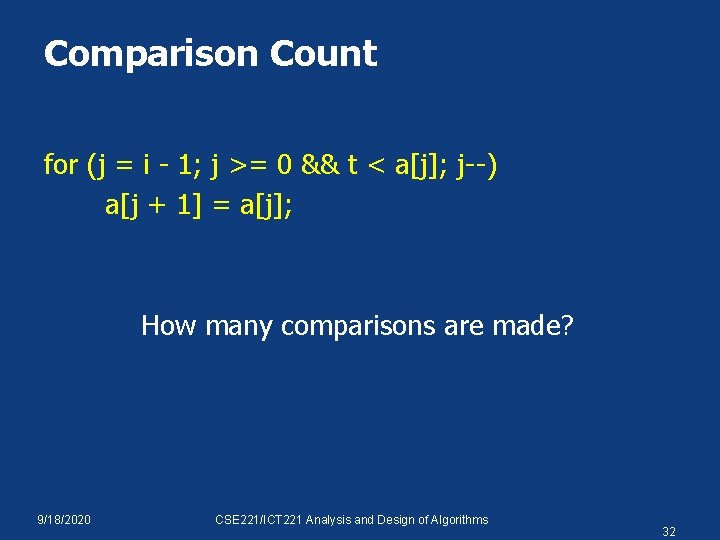 Comparison Count for (j = i - 1; j >= 0 && t <