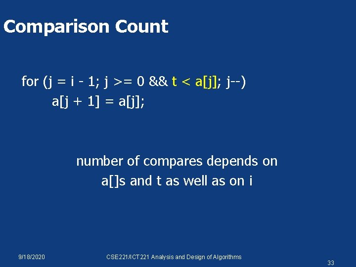 Comparison Count for (j = i - 1; j >= 0 && t <