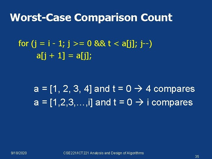 Worst-Case Comparison Count for (j = i - 1; j >= 0 && t