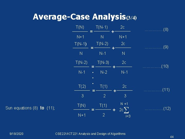 Average-Case Analysis(3/4) T(N) …………. . (8) N N+1 T(N-1) T(N-2) 2 c = +