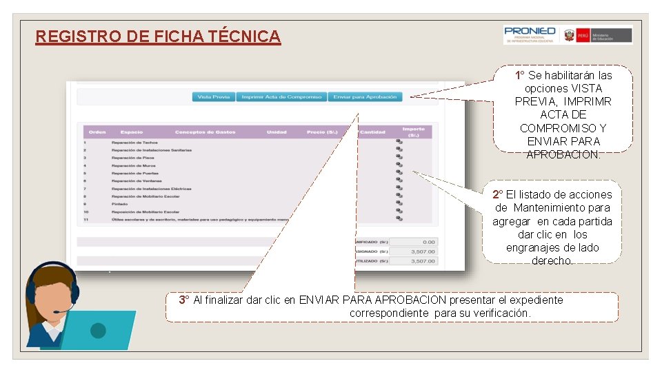 REGISTRO DE FICHA TÉCNICA 1° Se habilitarán las opciones VISTA PREVIA, IMPRIMR ACTA DE