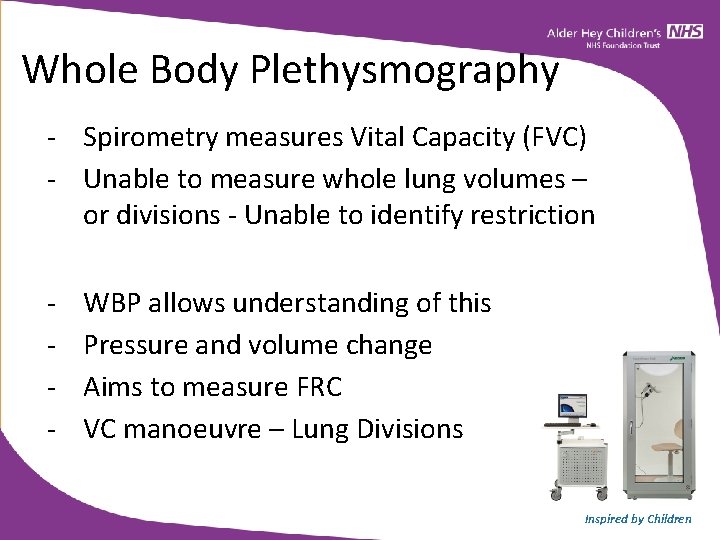 Whole Body Plethysmography - Spirometry measures Vital Capacity (FVC) - Unable to measure whole Whole Body Plethysmography - Spirometry measures Vital Capacity (FVC) - Unable to measure whole