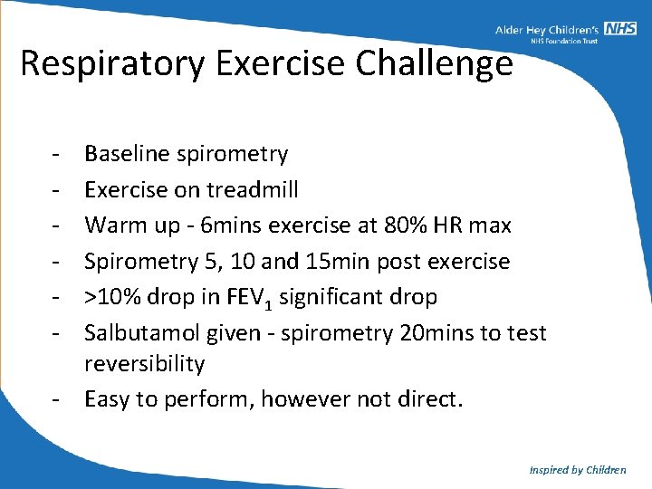 Respiratory Exercise Challenge - Baseline spirometry Exercise on treadmill Warm up - 6 mins Respiratory Exercise Challenge - Baseline spirometry Exercise on treadmill Warm up - 6 mins