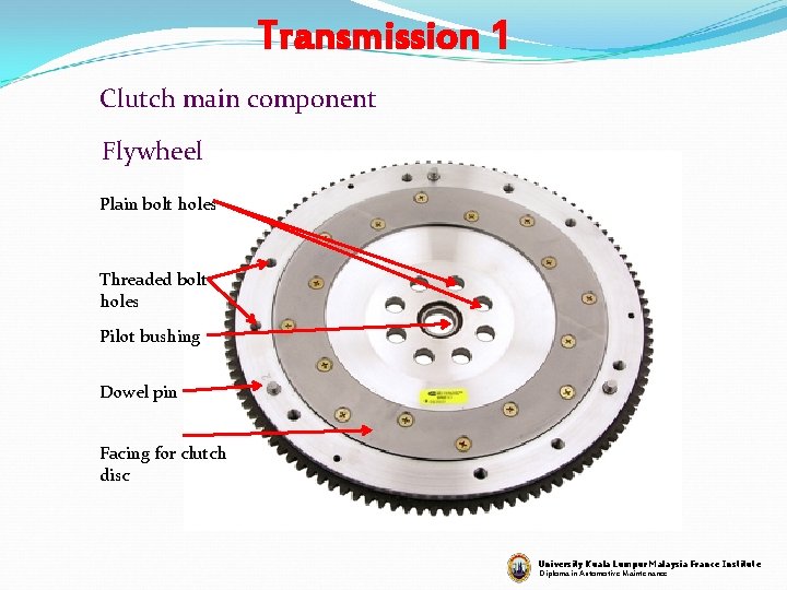 Transmission 1 Clutch main component Flywheel Plain bolt holes Threaded bolt holes Pilot bushing