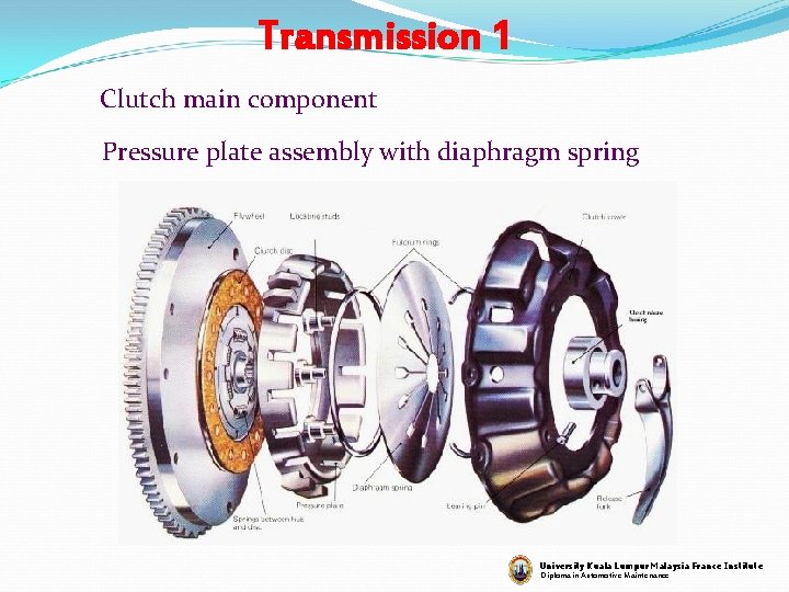 Transmission 1 Clutch main component Pressure plate assembly with diaphragm spring University Kuala Lumpur