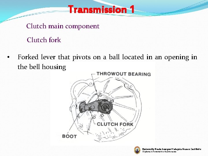 Transmission 1 Clutch main component Clutch fork • Forked lever that pivots on a