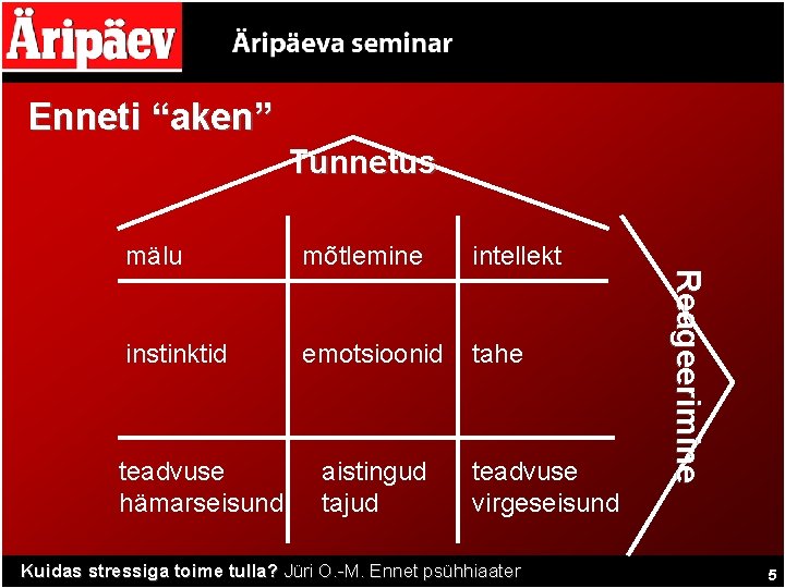 Enneti “aken” Tunnetus mõtlemine intellekt instinktid emotsioonid tahe teadvuse hämarseisund aistingud tajud teadvuse virgeseisund