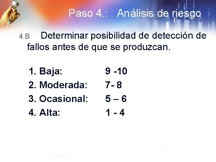 Paso 4. : Análisis de riesgo Determinar posibilidad de detección de fallos antes de