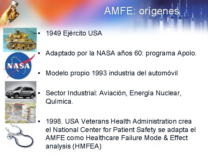 AMFE: orígenes • 1949 Ejército USA • Adaptado por la NASA años 60: programa