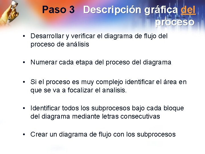 Paso 3 Descripción gráfica del proceso • Desarrollar y verificar el diagrama de flujo