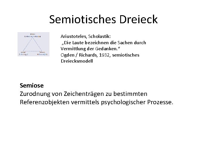 Semiotisches Dreieck Ariustoteles, Scholastik: „Die Laute bezeichnen die Sachen durch Vermittlung der Gedanken. “ Semiotisches Dreieck Ariustoteles, Scholastik: „Die Laute bezeichnen die Sachen durch Vermittlung der Gedanken. “