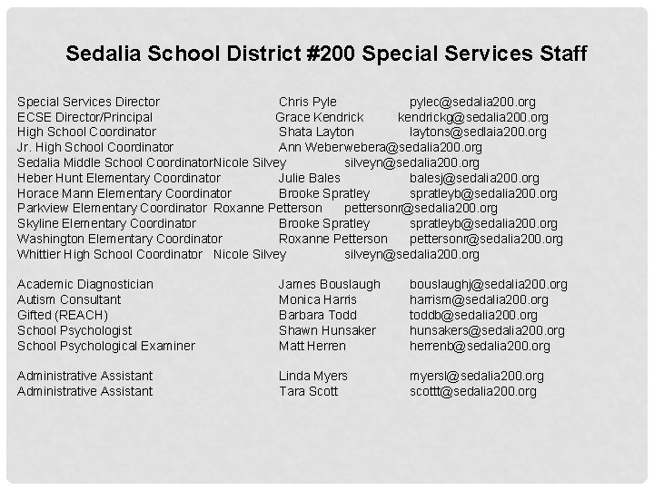 Sedalia School District #200 Special Services Staff Special Services Director Chris Pyle pylec@sedalia 200.