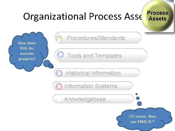 Organizational Process Assets How does BUG Inc execute projects? Procedures/Standards Tools and Templates Historical