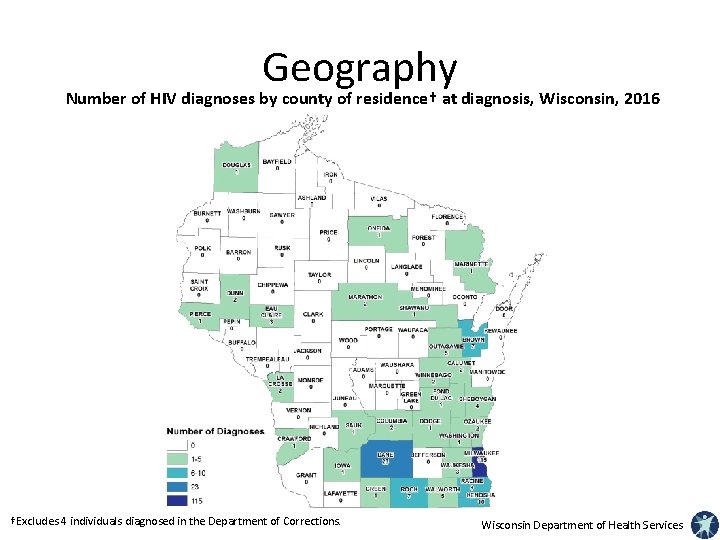 Geography Number of HIV diagnoses by county of residence† at diagnosis, Wisconsin, 2016 †Excludes