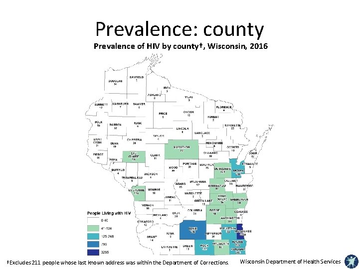 Prevalence: county Prevalence of HIV by county†, Wisconsin, 2016 †Excludes 211 people whose last