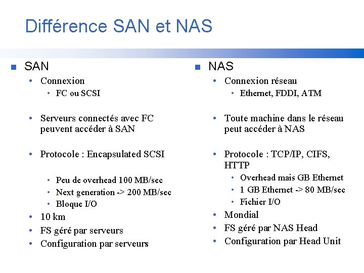 Différence SAN et NAS n SAN • Connexion • FC ou SCSI n NAS