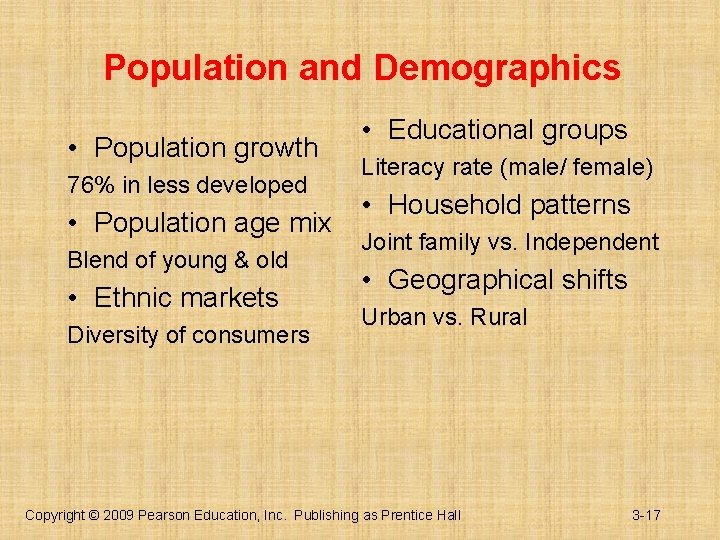 Population and Demographics • Population growth 76% in less developed • Population age mix