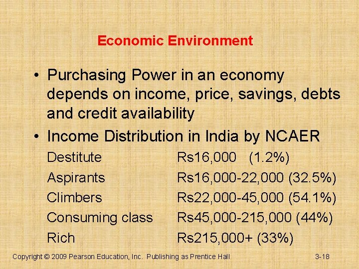 Economic Environment • Purchasing Power in an economy depends on income, price, savings, debts