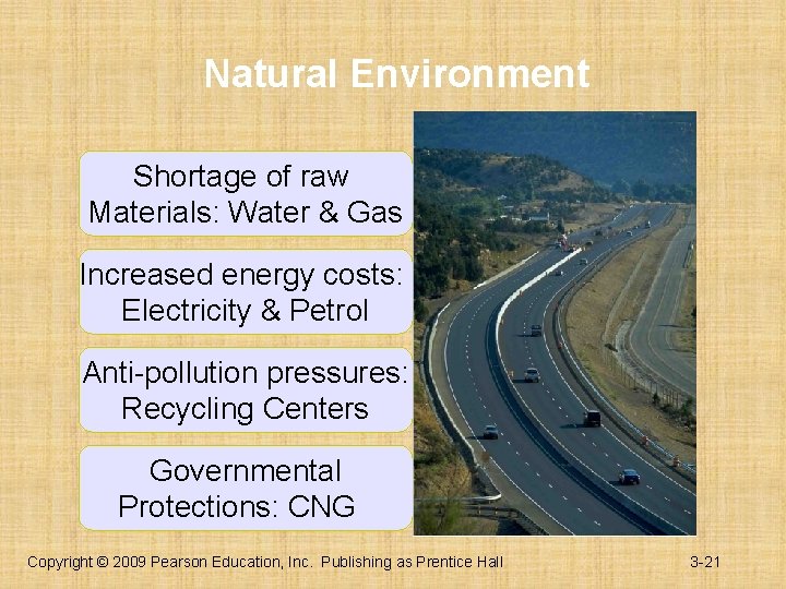 Natural Environment Shortage of raw Materials: Water & Gas Increased energy costs: Electricity &