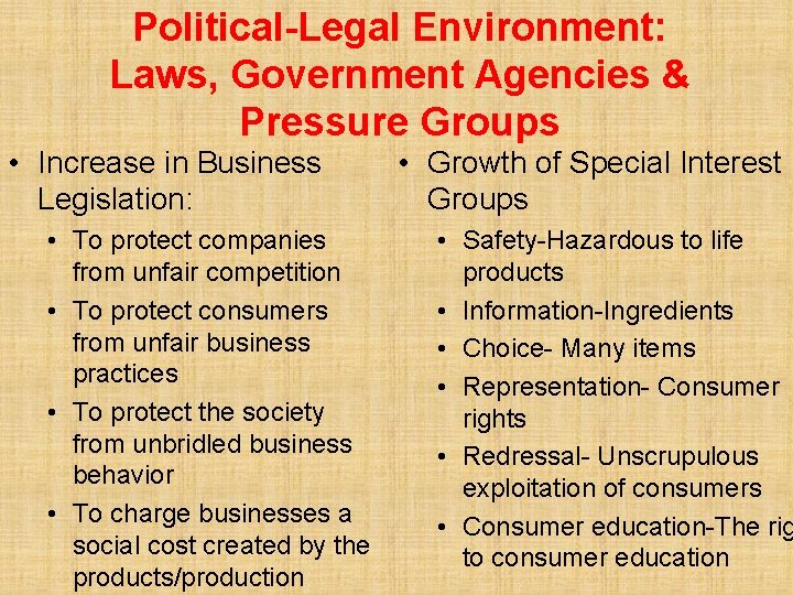 Political-Legal Environment: Laws, Government Agencies & Pressure Groups • Increase in Business Legislation: •