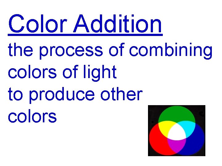 Color Addition the process of combining colors of light to produce other colors 