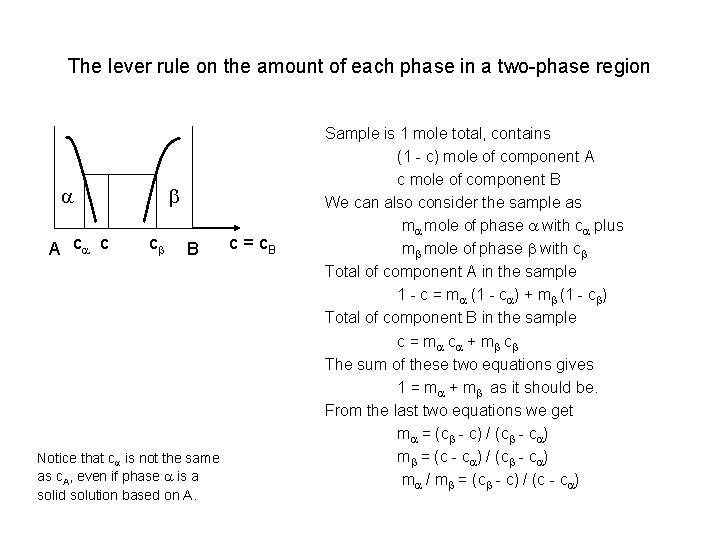 The lever rule on the amount of each phase in a two-phase region A The lever rule on the amount of each phase in a two-phase region A
