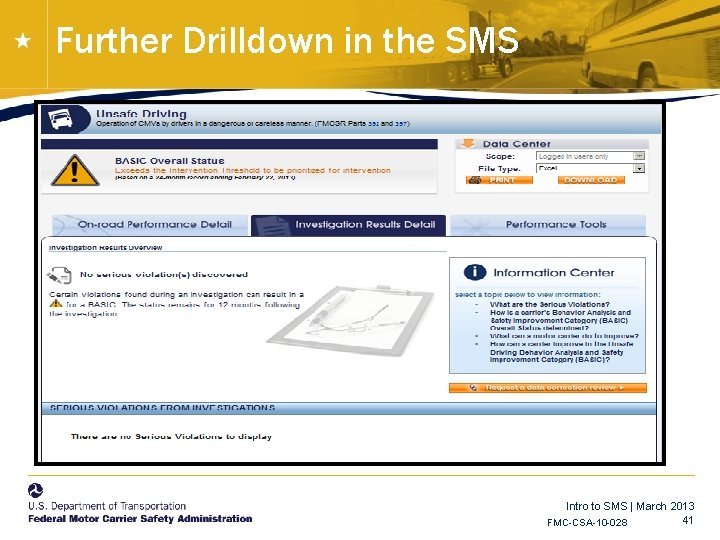 Further Drilldown in the SMS Intro to SMS | March 2013 41 FMC-CSA-10 -028 Further Drilldown in the SMS Intro to SMS | March 2013 41 FMC-CSA-10 -028