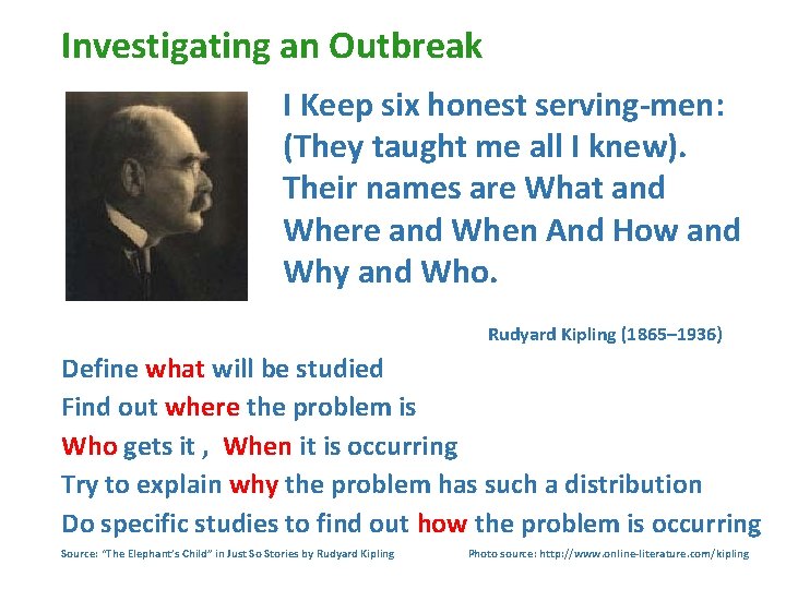Investigating an Outbreak I Keep six honest serving-men: (They taught me all I knew).
