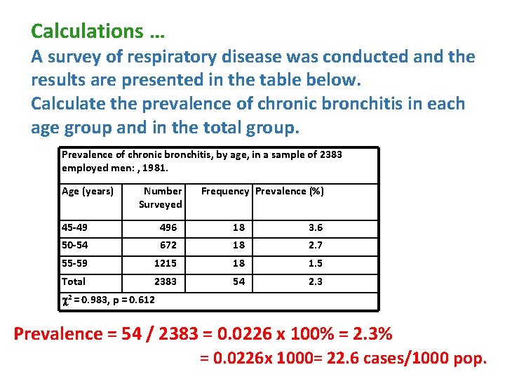 Calculations … A survey of respiratory disease was conducted and the results are presented