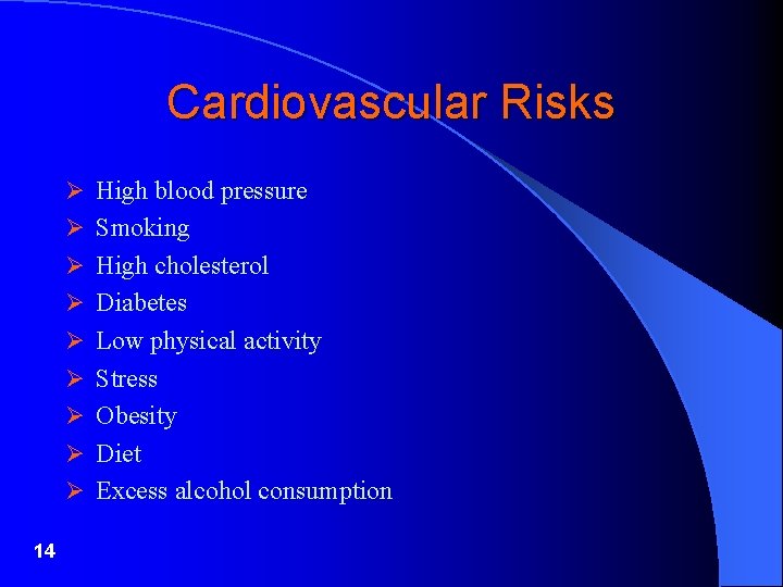 Cardiovascular Risks Ø High blood pressure Ø Smoking Ø High cholesterol Ø Diabetes Ø