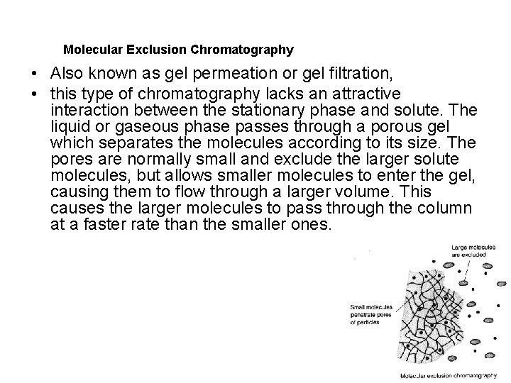 Molecular Exclusion Chromatography • Also known as gel permeation or gel filtration, • this