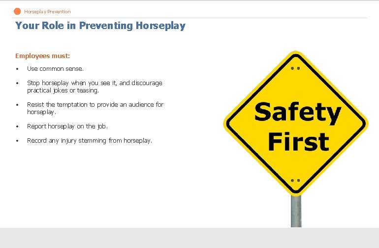 Horseplay Prevention Your Role in Preventing Horseplay Employees must: • Use common sense. •