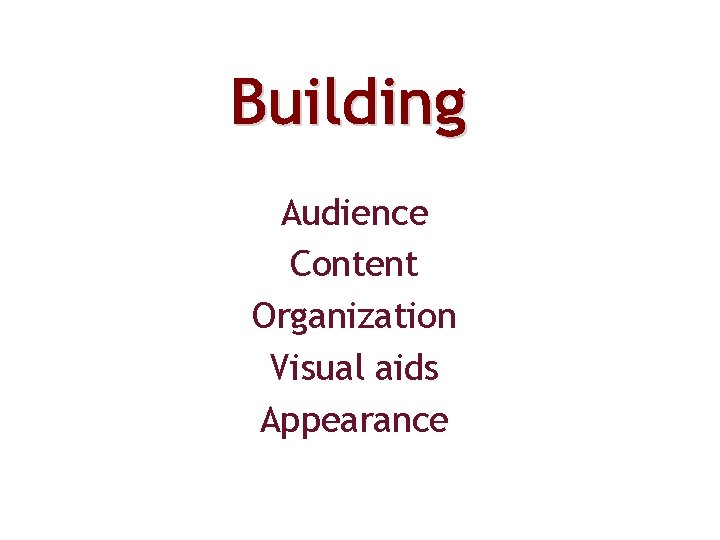 Audience Content Organization Visual aids Appearance 