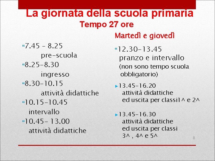 La giornata della scuola primaria Tempo 27 ore 7. 45 – 8. 25 pre-scuola