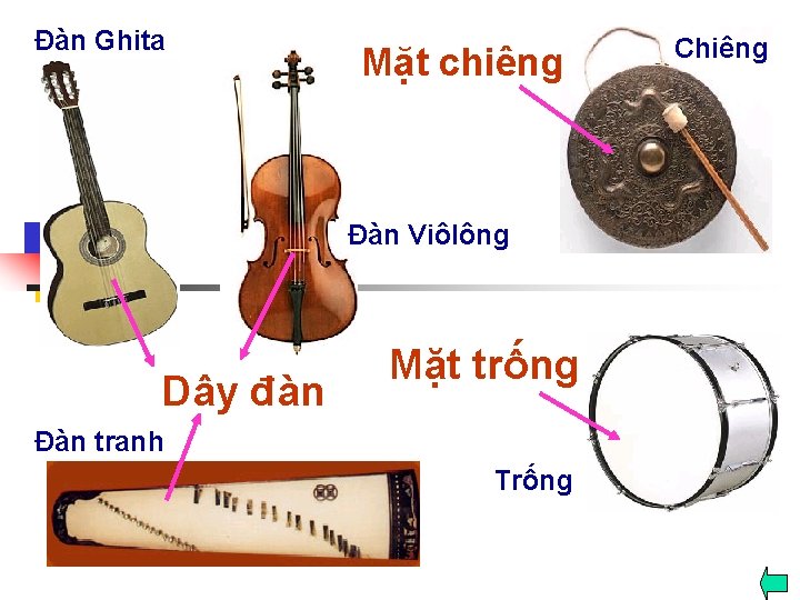 Đàn Ghita Mặt chiêng Đàn Viôlông Dây đàn Mặt trống Đàn tranh Trống Chiêng