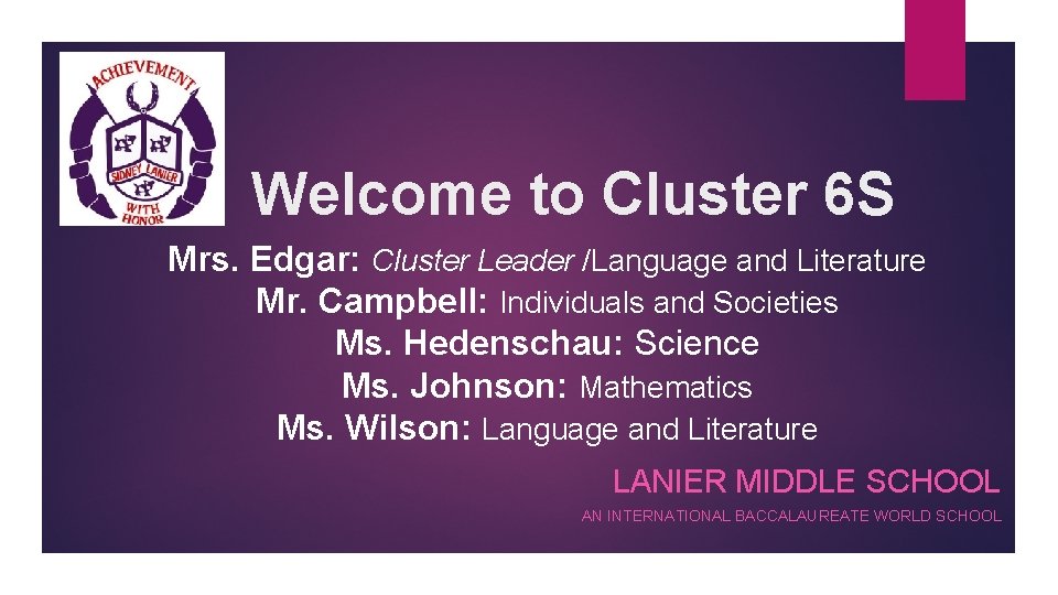 Welcome to Cluster 6 S Mrs. Edgar: Cluster Leader /Language and Literature Mr. Campbell: