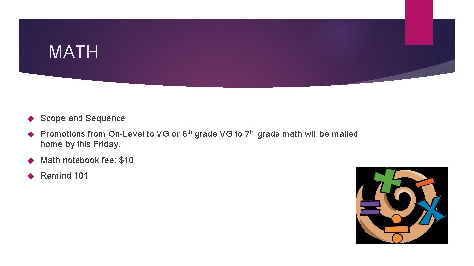 MATH Scope and Sequence Promotions from On-Level to VG or 6 th grade VG