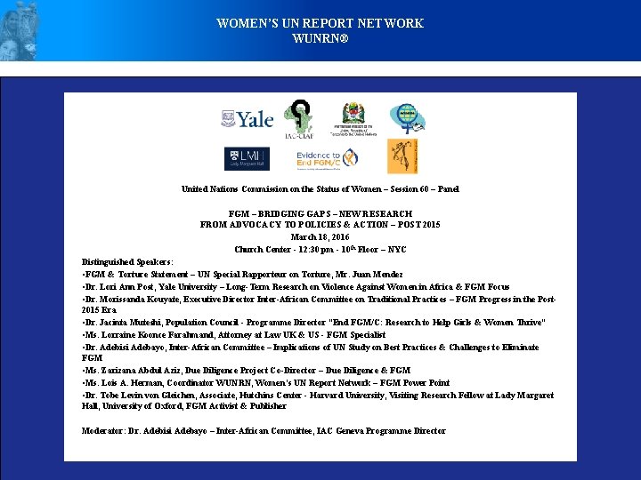 WOMEN’S UN REPORT NETWORK WUNRN® United Nations Commission on the Status of Women –
