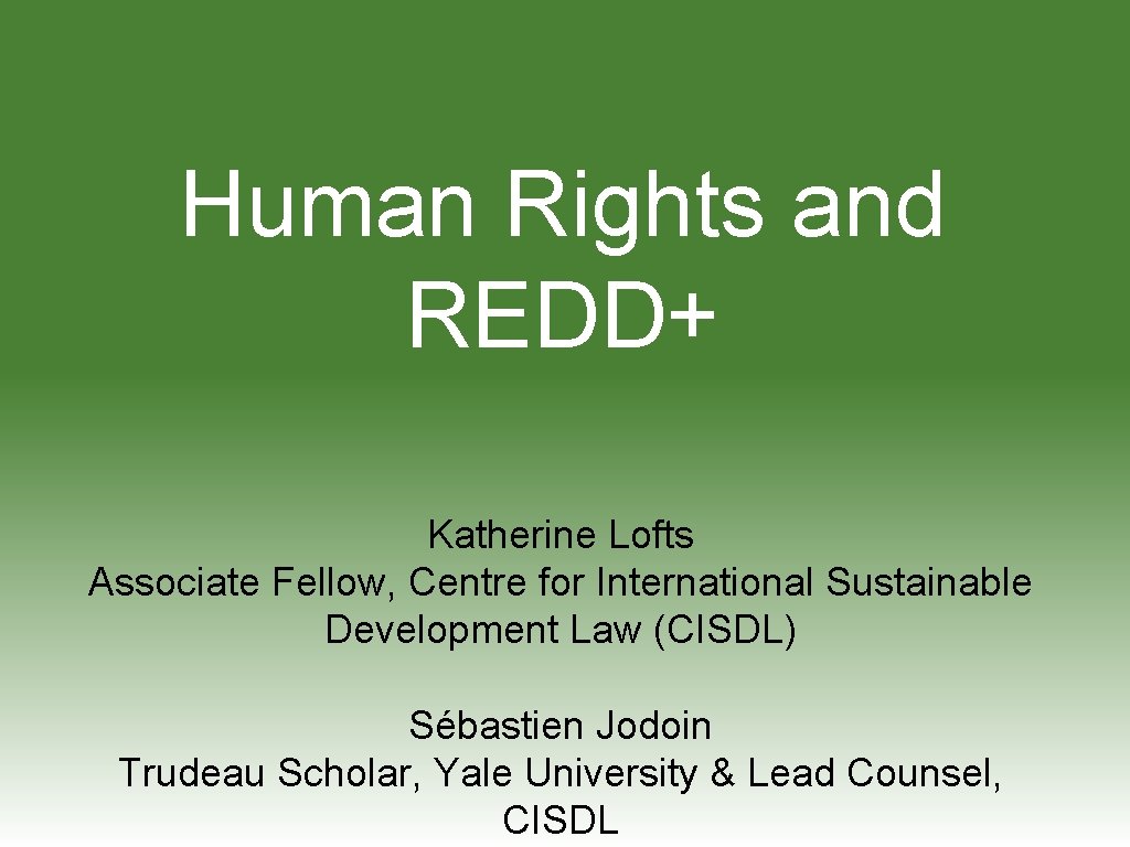 Human Rights and REDD+ Katherine Lofts Associate Fellow, Centre for International Sustainable Development Law