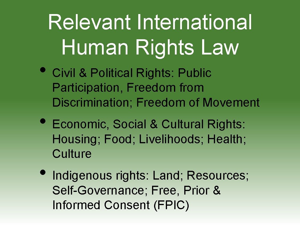 Relevant International Human Rights Law • Civil & Political Rights: Public Participation, Freedom from